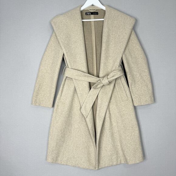 Zara Womens Jacket Small Tan Belted Soft Hooded Coat Shawl Collar Old Money